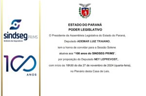 Leia mais sobre o artigo Sessão solene nesta quarta-feira na Assembleia Legislativa vai homenagear 100 anos do Sindseg PR/MS